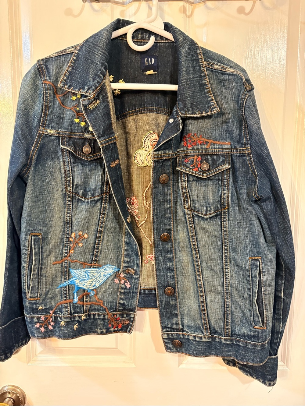 GAP Blue Denim Jacket with Embroidered Bird & Floral Accents
